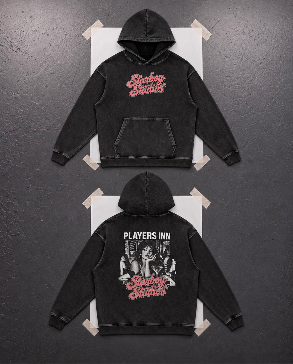 Player's Inn V2 black snow-wash hoodie, front script logo and back Players Inn graphic
