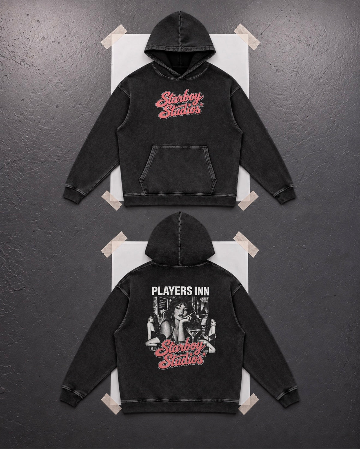 Player's Inn V2 black snow-wash hoodie, front script logo and back Players Inn graphic