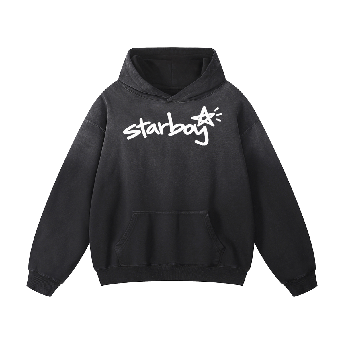 Starboy Essential black sun-dyed hoodie front view, white hand-drawn script logo