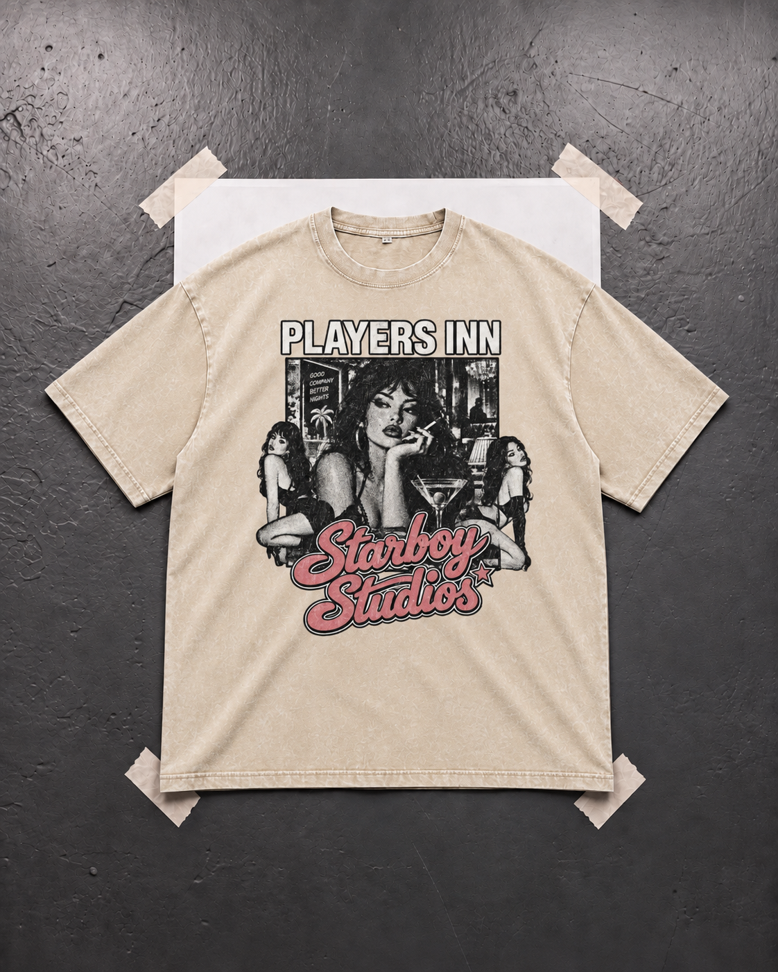 Player's Inn V2 beige snow-wash tee flat lay, front Players Inn graphic with Starboy Studios script