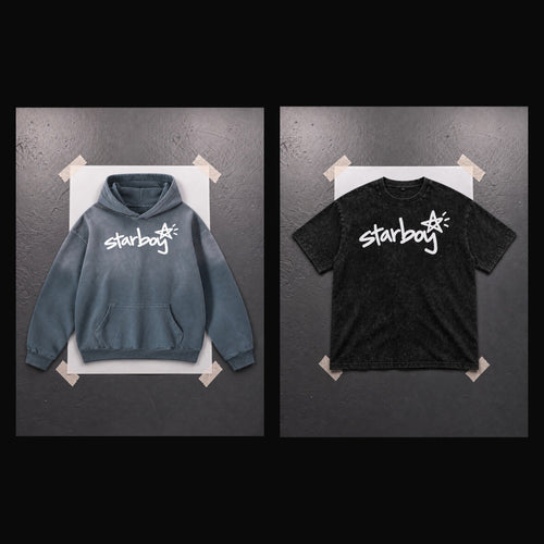 Heavyweight Essentials Set bundle flat lay, sun-dyed hoodie and snow-wash tee