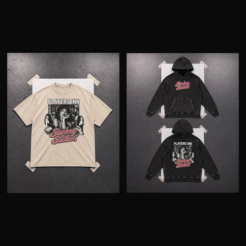 Player's Inn Full Fit bundle flat lay, V2 hoodie and snow-wash tee
