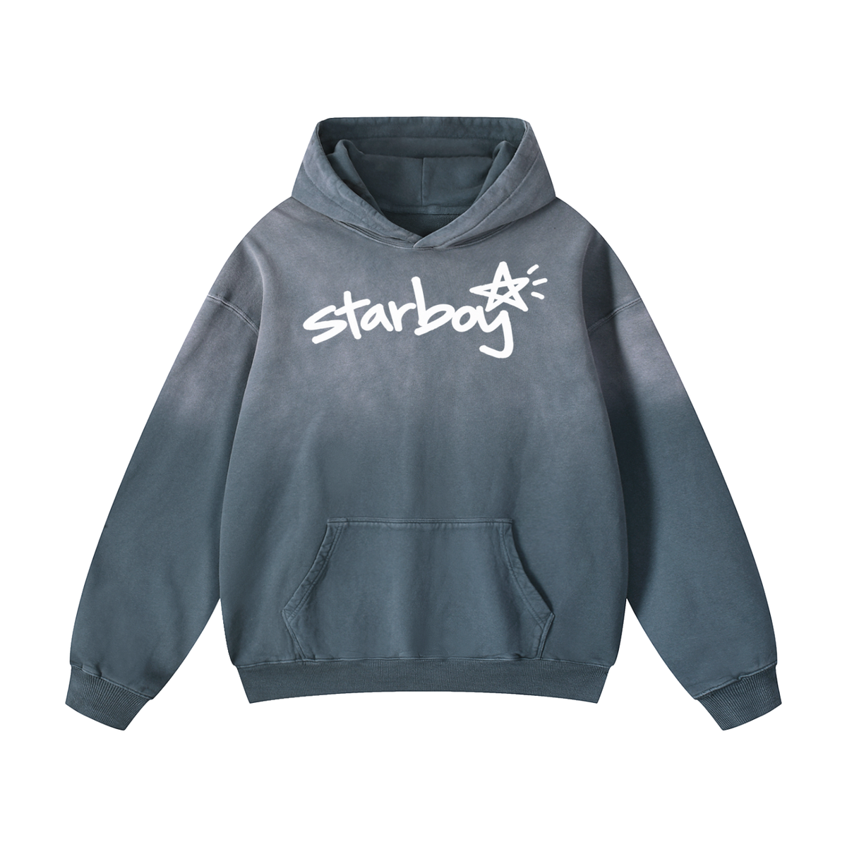 Starboy Essential gray-blue sun-dyed hoodie front view on white background