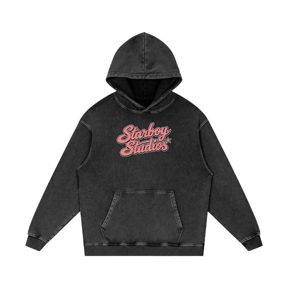 Player's Inn V2 black snow-wash hoodie front view, pink script logo on chest