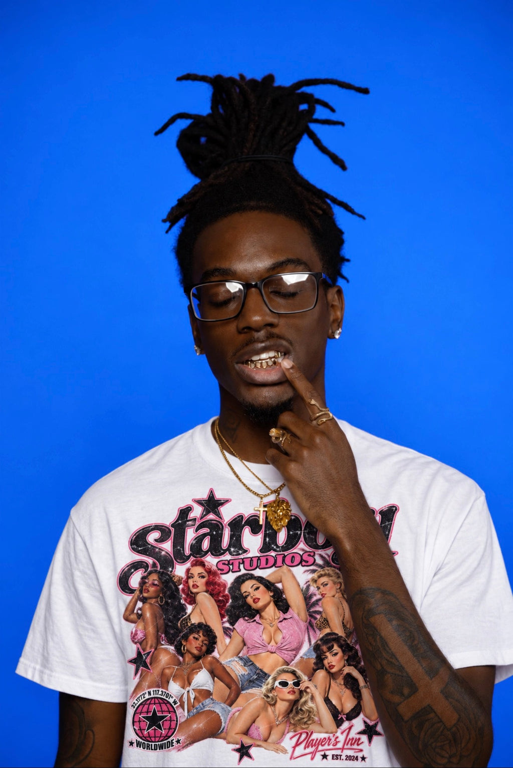 Player's Inn illustrated Starboy graphic tee editorial on blue